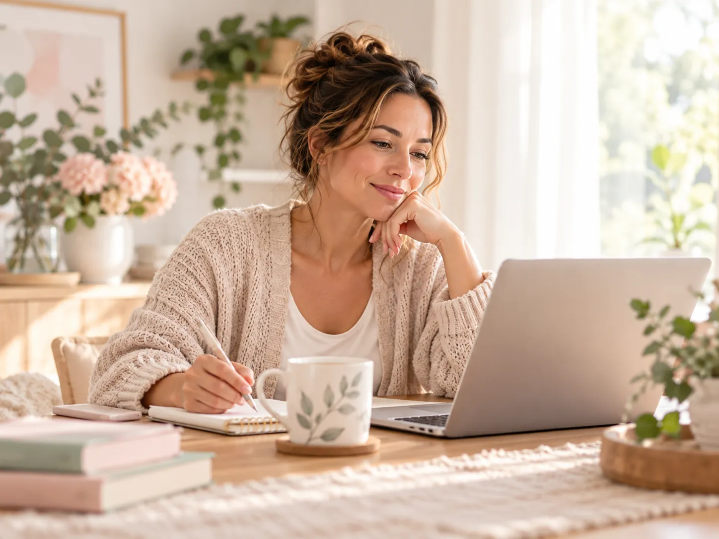 Woman calmly reviewing information on her laptop