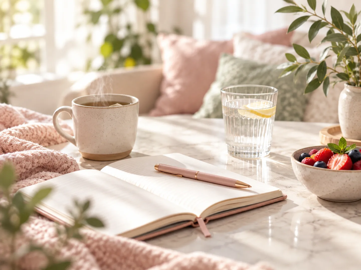 A peaceful tabletop with a notebook, water, and fruit
